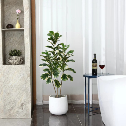 De Gardenia Variegated Fiddle Leaf Fig – 150 cm Tall Artificial Plant with Pot | Lifelike Faux Indoor Decorative Greenery