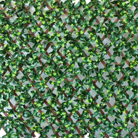 De Gardenia 200x100cm Expandable Wooden Trellis with Artificial Green Leaves – Privacy Screen, Balcony Fence & Wall Décor