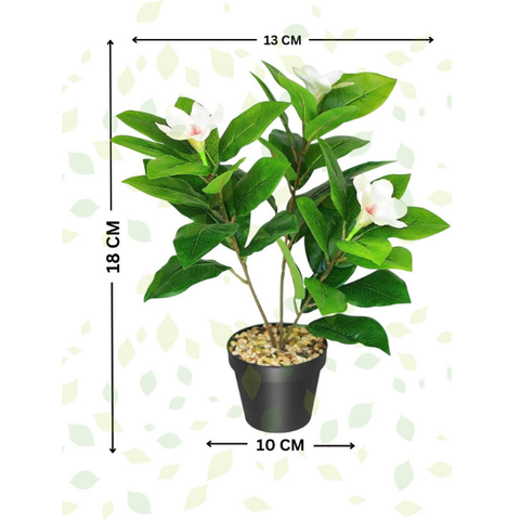 De Gardenia Artificial Magnolia Plant – 18 cm Tall Faux White Flower Plant with Black Pot | Tabletop Decorative Plant for Home & Office Décor