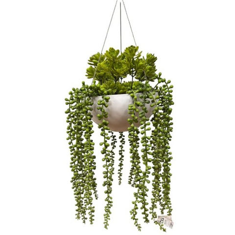 De Gardenia Artificial Hanging Plants – Fern Vine with Multicolor Flowers | Indoor & Outdoor Faux Greenery with Plastic & Wooden Pot
