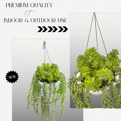 De Gardenia Artificial Hanging Plants – Fern Vine with Multicolor Flowers | Indoor & Outdoor Faux Greenery with Plastic & Wooden Pot