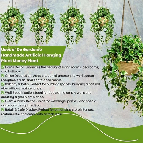 De Gardenia Artificial Hanging Plants – Fern Vine & Multicolor Flowers | Faux Greenery for Indoor, Balcony & Garden | With Plastic & Wooden Pot