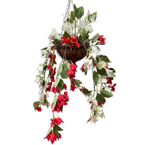 De Gardenia Artificial Hanging Plants – Fern Vine & Multicolor Flowers | Faux Greenery for Indoor, Balcony, Garden | Plastic & Wooden Pot