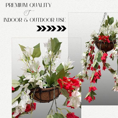 De Gardenia Artificial Hanging Plants – Fern Vine & Multicolor Flowers | Faux Greenery for Indoor, Balcony, Garden | Plastic & Wooden Pot