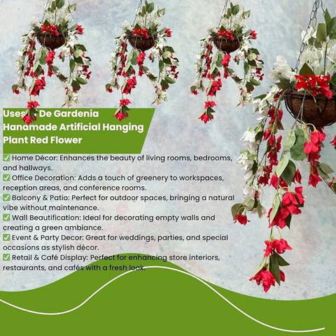 De Gardenia Artificial Hanging Plants – Fern Vine & Multicolor Flowers | Faux Greenery for Indoor, Balcony, Garden | Plastic & Wooden Pot