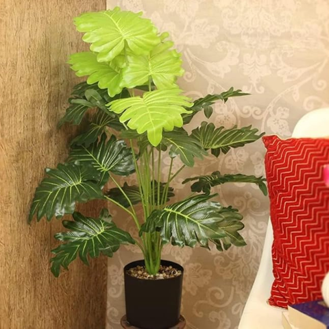 De Gardenia Artificial Miniature PVC Silk Plant – 70 cm Tall, 18 Big Leaves, Without Pot | Realistic Green Decorative Faux Plant for Home & Office Décor