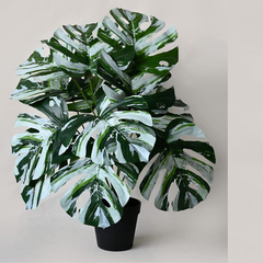 De Gardenia Artificial Palm Plant with Pot – White Monstera Faux Tropical Plant with 18 Leaves | UV-Resistant Outdoor & Indoor Decoration | Large Turtle Leaf Palm Tree Style