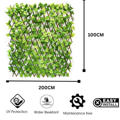 De Gardenia 200x100cm Expandable Wooden Trellis with Artificial Green Leaves – Privacy Screen, Balcony Fence & Wall Décor
