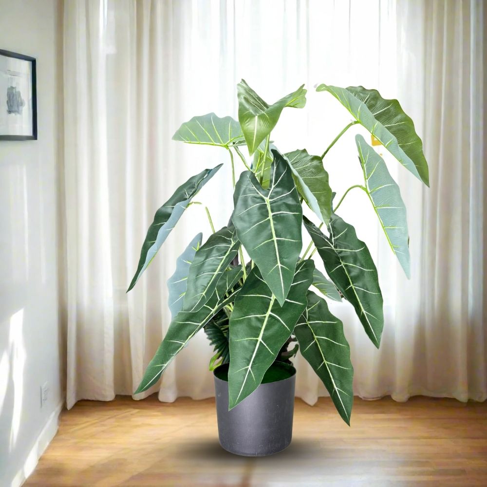De Gardenia Alocasia Polly Artificial Plant with Pot – 80cm Tall Faux African Mask Plant with Bold Veined Leaves | Indoor Tropical Plant for Home & Office Decor