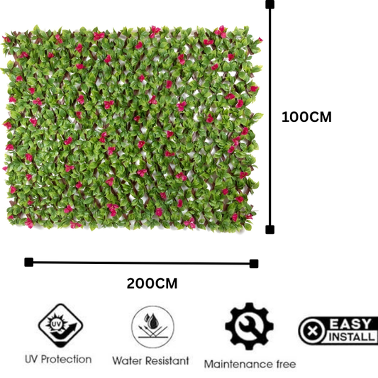 De Gardenia 200x100cm Expandable Wooden Trellis with Artificial Green Leaves – Privacy Screen, Balcony Fence & Wall Décor