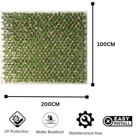 De Gardenia 200x100cm Expandable Wooden Trellis with Artificial Green Leaves – Privacy Screen, Balcony Fence & Wall Décor