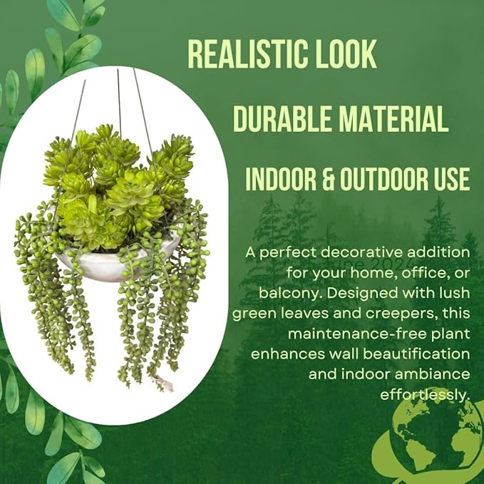 De Gardenia Artificial Hanging Plants – Fern Vine with Multicolor Flowers | Indoor & Outdoor Faux Greenery with Plastic & Wooden Pot