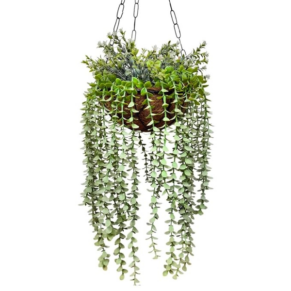 De Gardenia Artificial Hanging Plants – Fern Vine & Multicolor Flowers | Faux Greenery for Indoor, Balcony & Garden | With Plastic & Wooden Pot