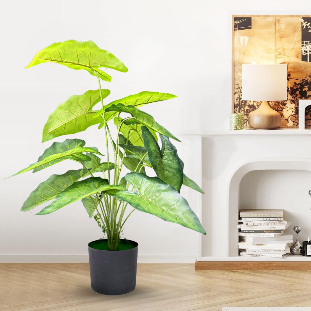 De Gardenia Green Tropicana Fairy Taro Artificial Plant with Pot – Lush Faux Potted Plant for Home, Office & Indoor Décor