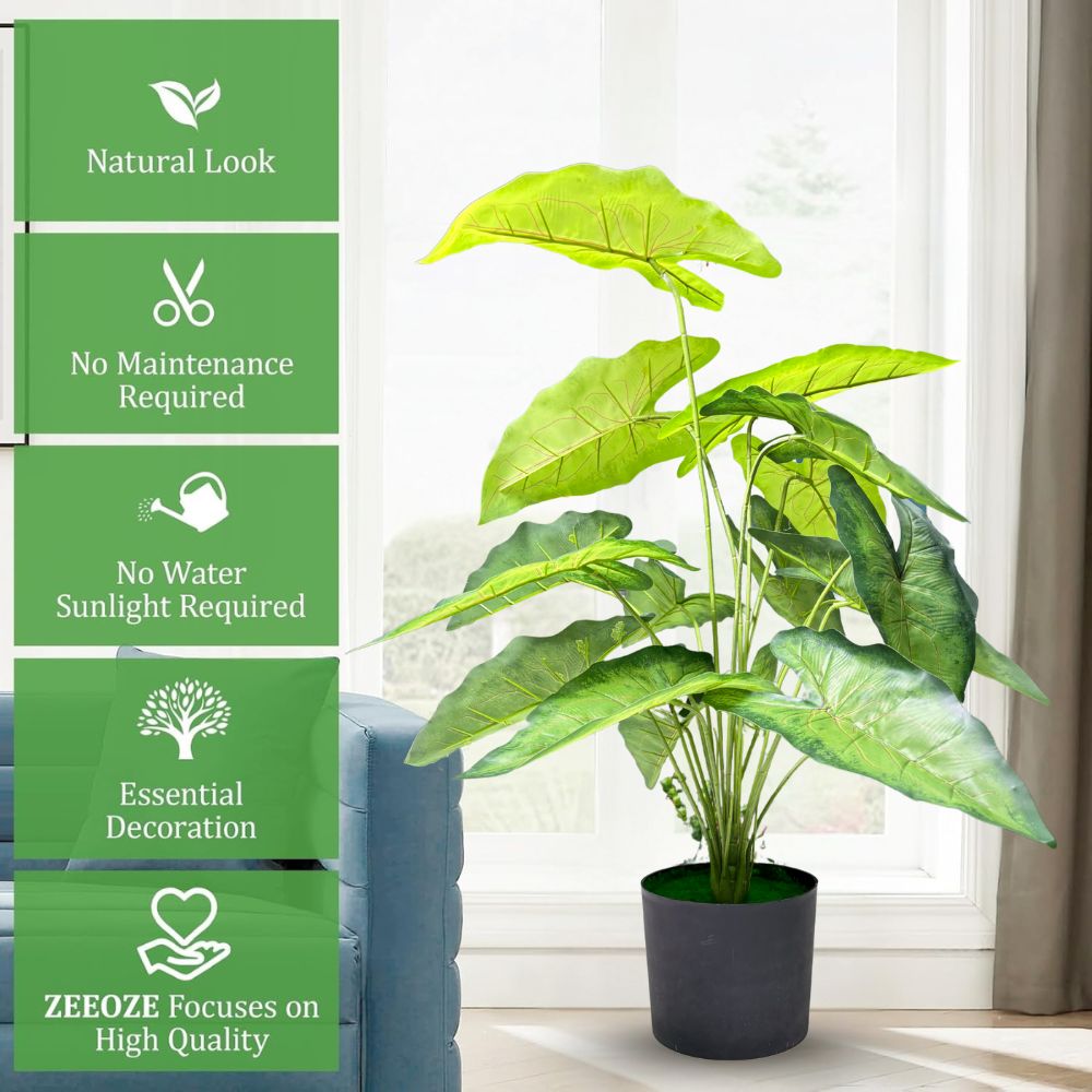 De Gardenia Green Tropicana Fairy Taro Artificial Plant with Pot – Lush Faux Potted Plant for Home, Office & Indoor Décor