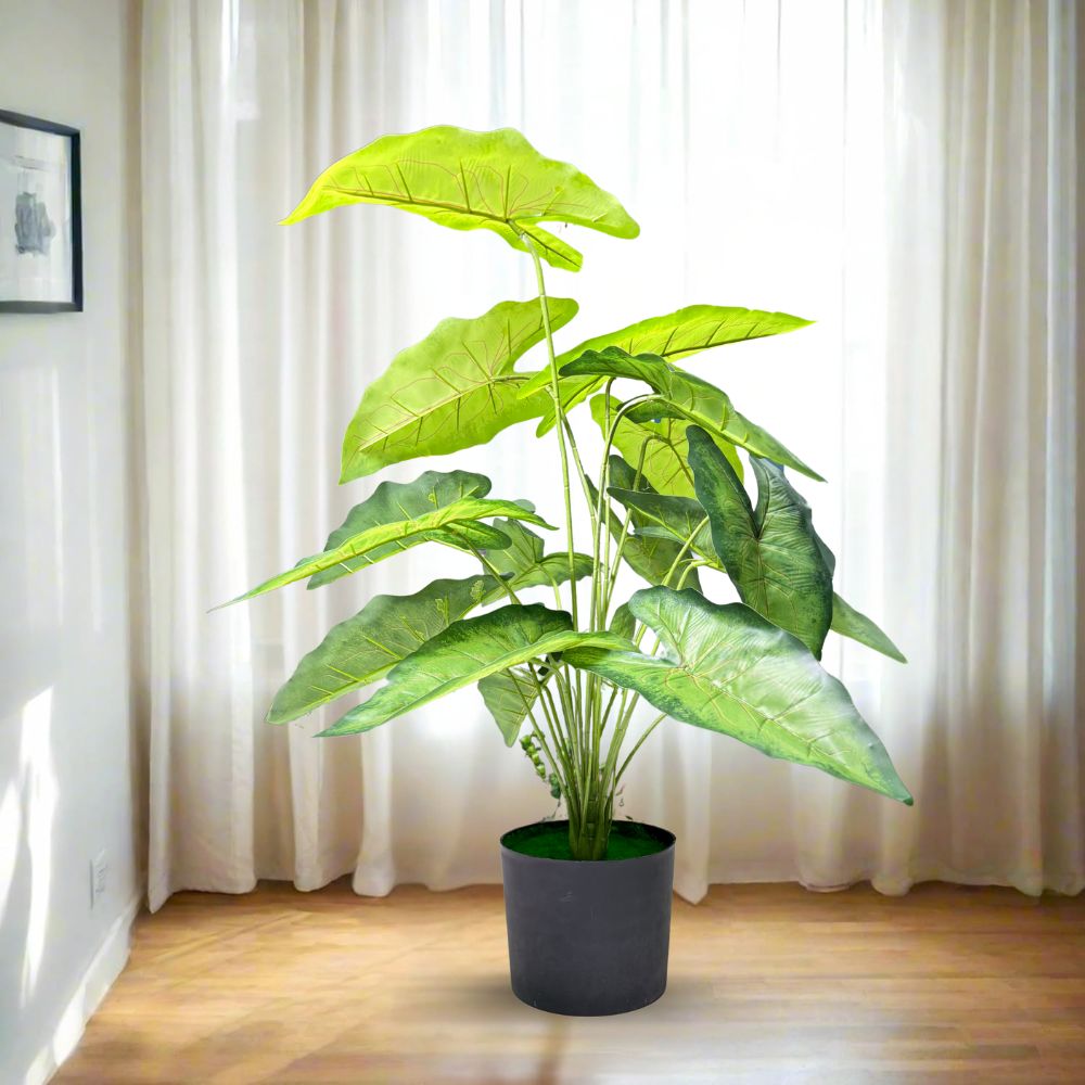 De Gardenia Green Tropicana Fairy Taro Artificial Plant with Pot – Lush Faux Potted Plant for Home, Office & Indoor Décor