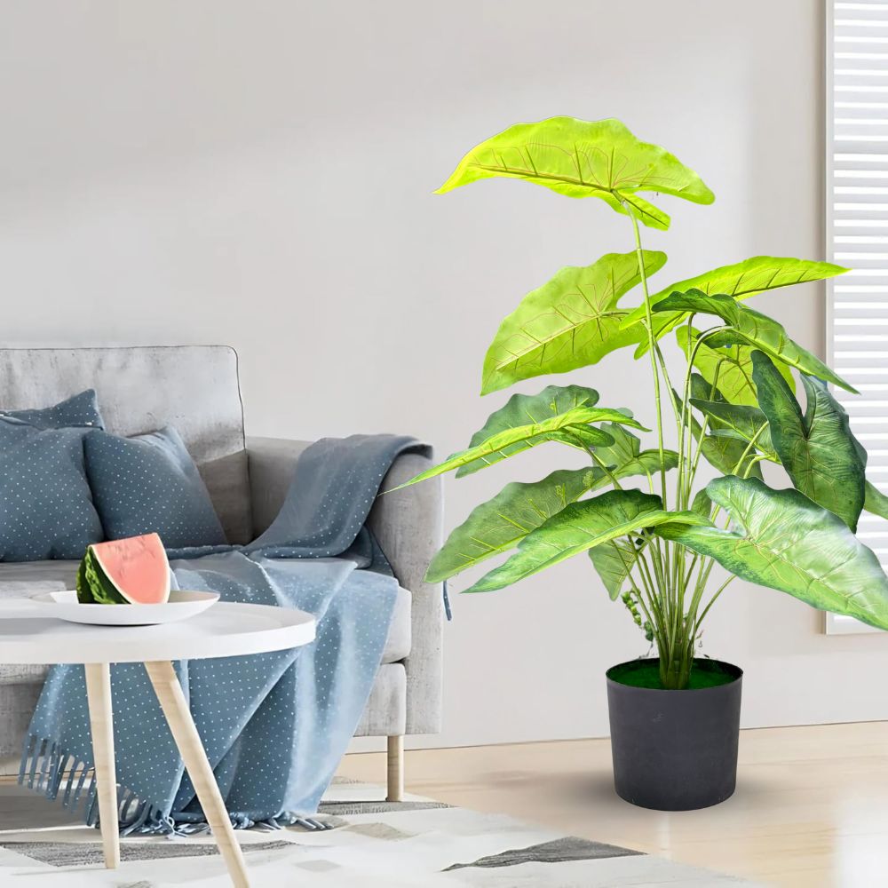 De Gardenia Green Tropicana Fairy Taro Artificial Plant with Pot – Lush Faux Potted Plant for Home, Office & Indoor Décor