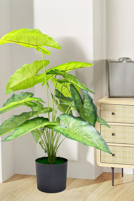 De Gardenia Green Tropicana Fairy Taro Artificial Plant with Pot – Lush Faux Potted Plant for Home, Office & Indoor Décor