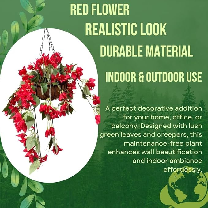 De Gardenia Artificial Hanging Plants – Fern Vine & Multicolor Flowers | Faux Greenery for Indoor, Balcony, Garden | Plastic & Wooden Pot