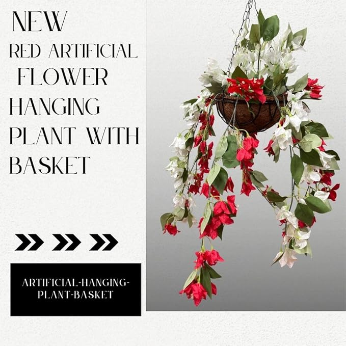 De Gardenia Artificial Hanging Plants – Fern Vine & Multicolor Flowers | Faux Greenery for Indoor, Balcony, Garden | Plastic & Wooden Pot